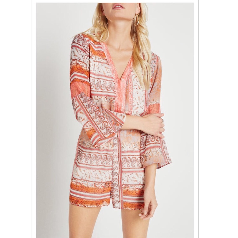 Bcbg V neck Floral Lace-Trimmed Romper